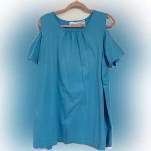 Roaman's Blue Cotton Cold Shoulder Top